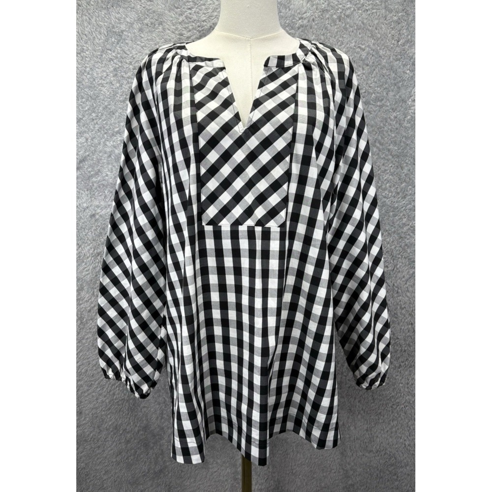 Chicos Womens 2 L Black White Gingham Tunic Top V Neck Popover Stretch Preppy